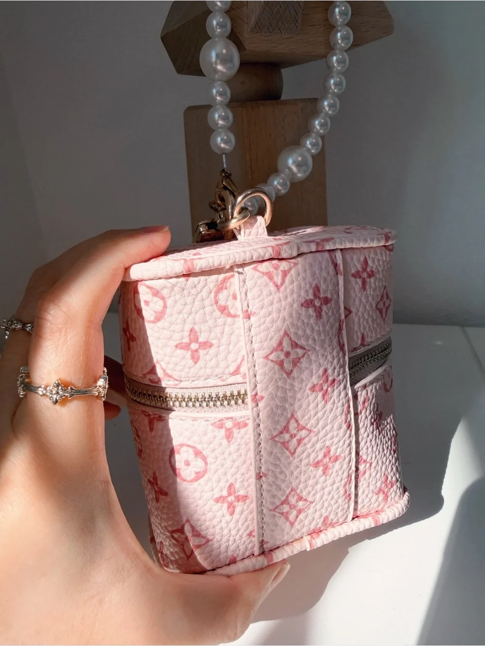 Pink Mini Cosmetic Pouch & Card Holder with Pearl Strap 🎀
